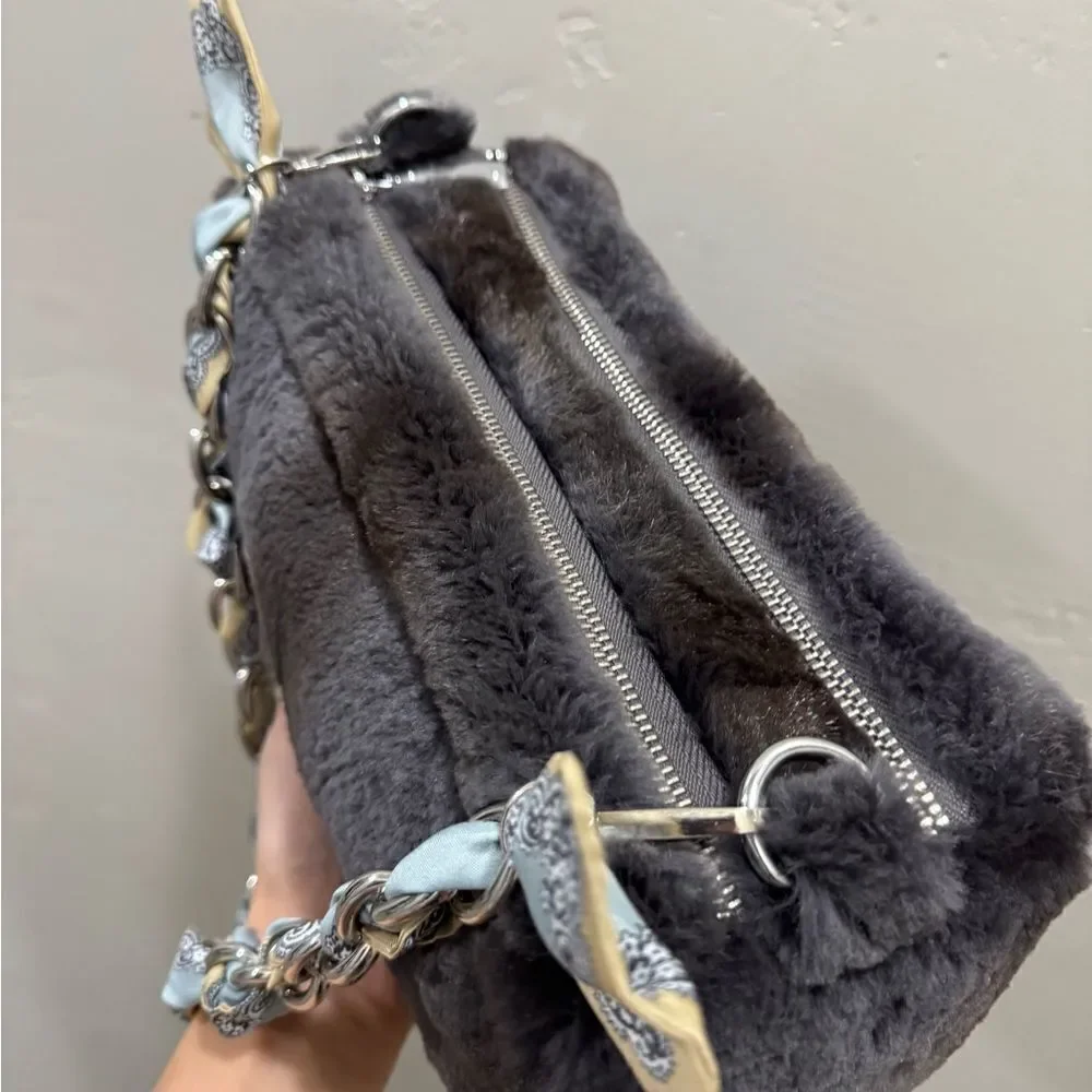 Gray Real Sheared Beaver Fur Handmade Double Zip Pillow Shoulder Bag/ Crossbody